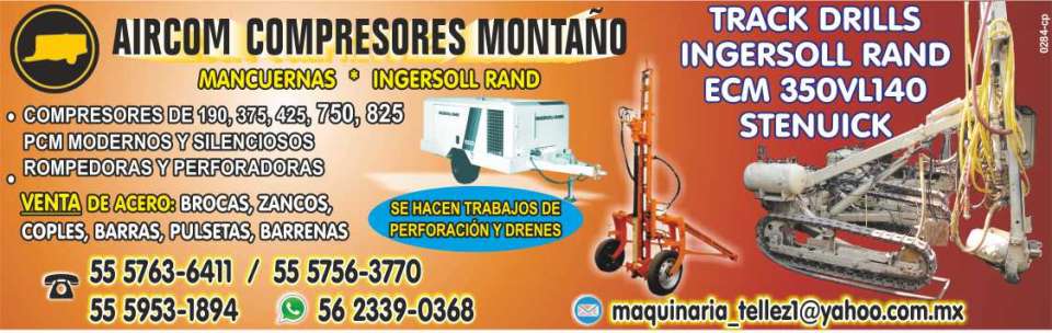 Compresores, Rompedoras, Perforadoras, Acero, Brocas, Zancos, Coples, Barras, Pulsetas, Barrenas, Track drills, Mancuernas, Stenuick, Refacciones para compresores, Perforacion, Drenes.