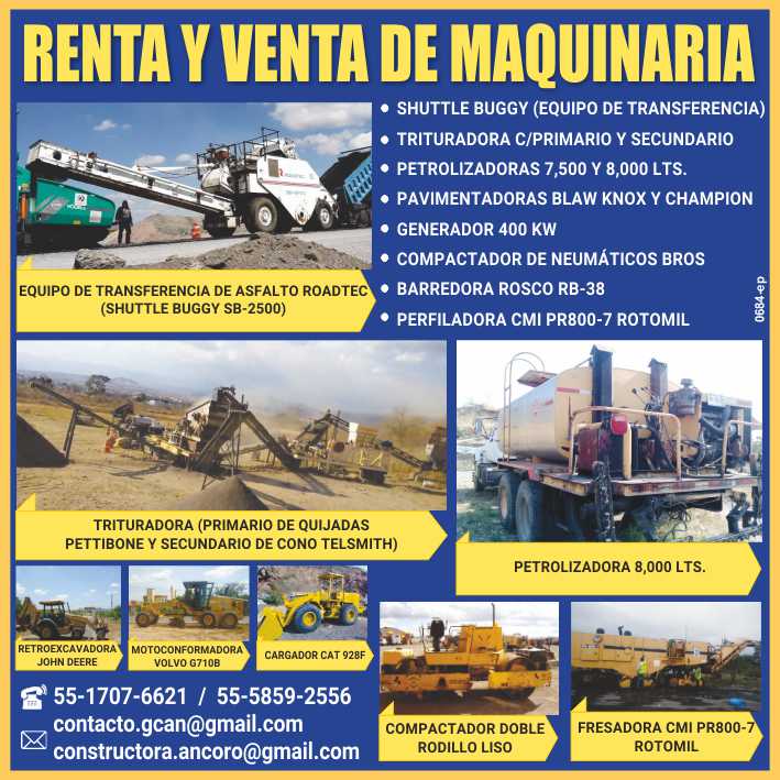 Shuttle Buggy, Trituradora C/Primario y Secundario, Petrolizadoras, Pavimentadoras Blaw Knox y Champion, Generador, Compactador, Barredora, Perfiladora CMI.