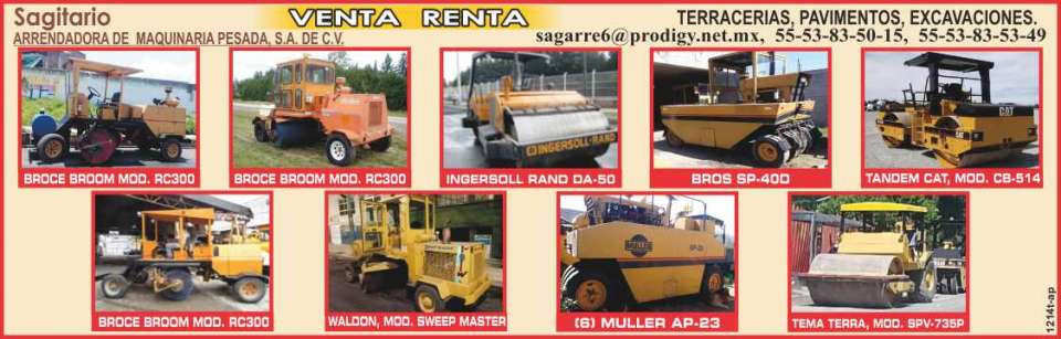 Terracerias, Pavimentos, Excavaciones, Barredoras, Compactadoras de suelo, Vibrocompactadores, Broce Broom, Ingersoll Rand, Waldon Sweep Master, Muller, Tema Terra, Cat, Bros