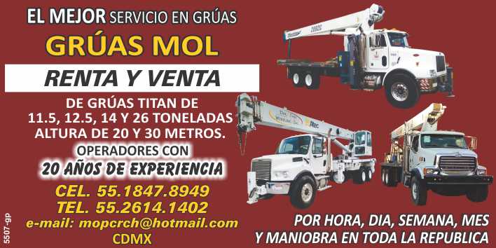 El Mejor Servicio en Gruas Titan de 11.5, 12.5, 14 y 26 ton. Altura de 20 y 30 mts. Maniobra en toda la Republica, con Operadores con 20 años de experiencia.