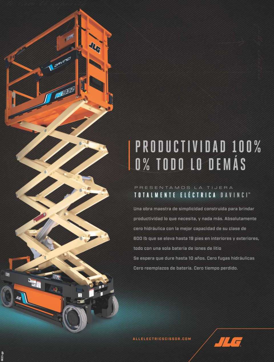 Elevador de Tijera hasta 19 pies, y capacidad hasta 600 lb. Totalmente electrica, cero hidraulica, y una bateria de iones de litio que dura hasta 10 años.