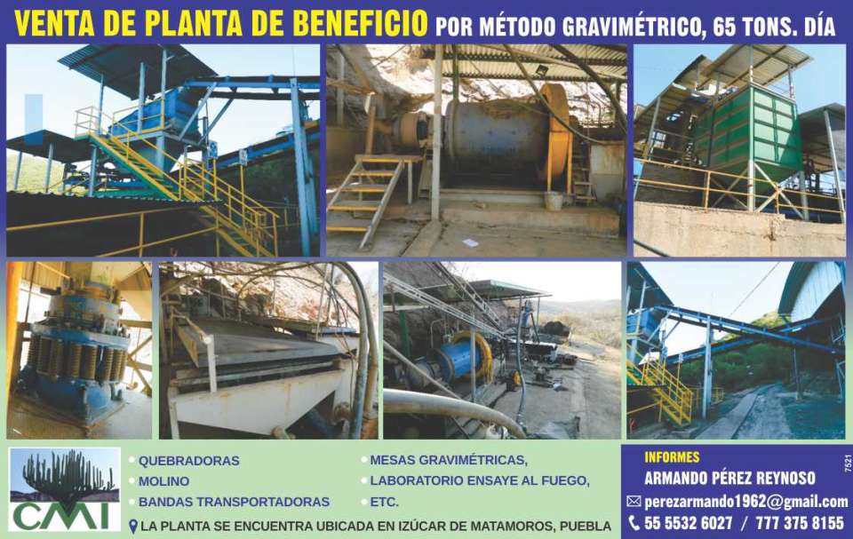 Planta de Beneficio por Metodo Gravimetrico, 65 tons.dia, quebradoras, molino, bandas transportadoras, mesas gravimetricas, laboratorio ensaye al fuego