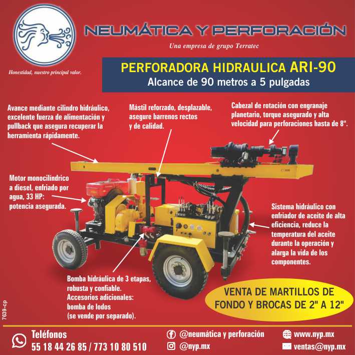 Perforadora Hidraulica ARI-90, alcance de 90 metros a 5 pulgadas. Venta de Martillos de fondo y Brocas de 2 a 12 pulgadas. NYP