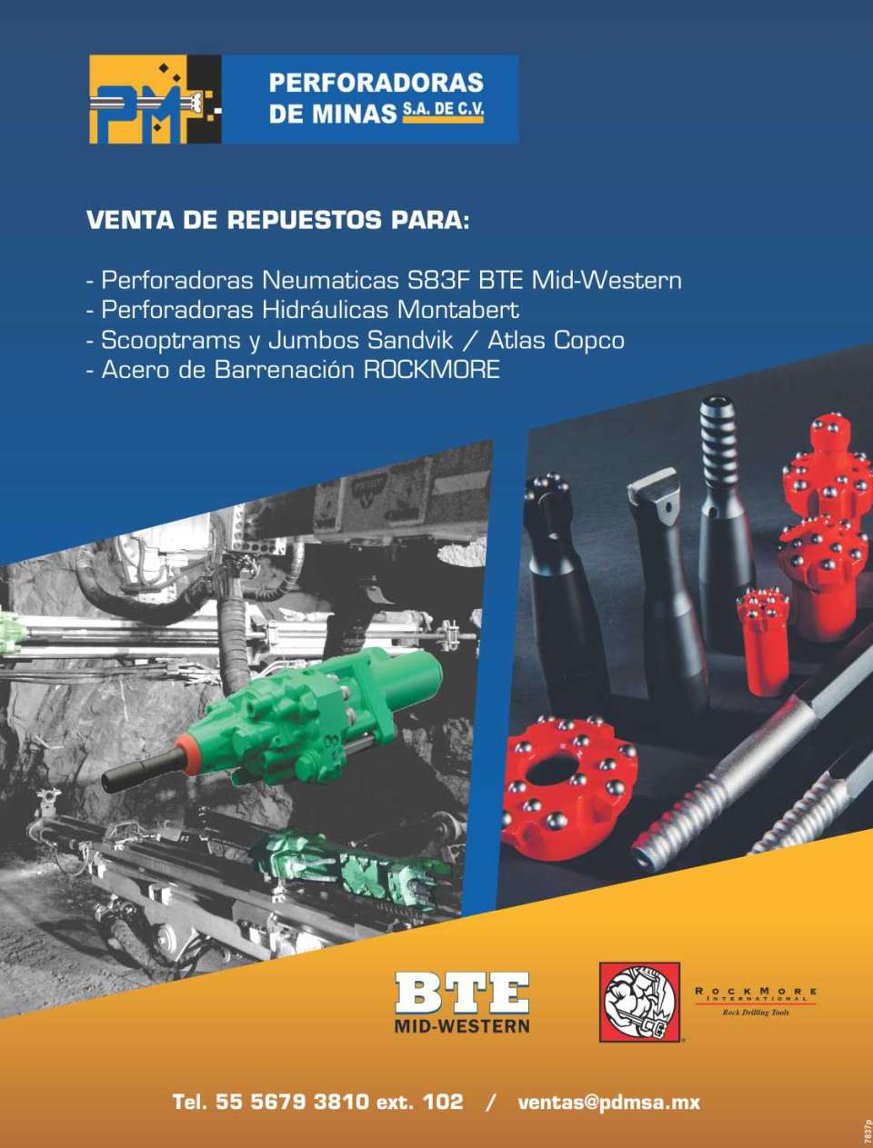 Venta de Repuestos para Perforadoras Neumaticas S83F BTE Mid Western, Perforadoras Hidraulicas Montabert, Scooptrams y Jumbos Sandvik / Atlas Copco, Acero de Barrenacion ROCKMORE