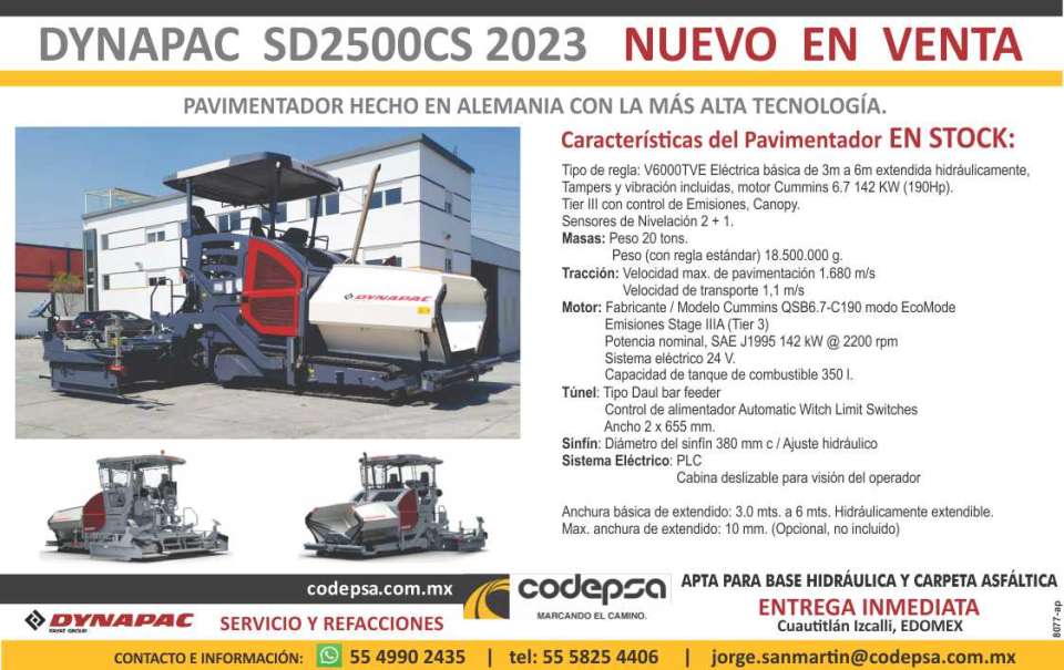 Pavimentador hecho en Alemania con la mas alta Tecnologia. Dynapac SD2500CS 2023 NUEVO EN VENTA ! ¡ENTREGA INMEDIATA!