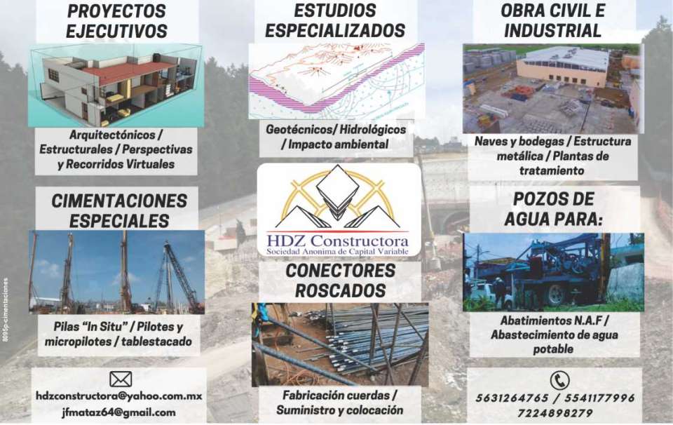 Architectural and structural projects. Geotechnical and hydrological studies. Industrial buildings, metal structures, treatment plants. Piles, piles, water wells for NAF reduction.