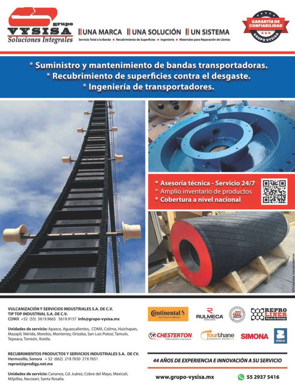 Suministro y Mantenimiento de Bandas Transportadoras. Recubrimientos de Superficies contra el desgaste. Ingenieria de Transportadores. Continental, Rulmeca, Reproliner, Chesterton, Simona.