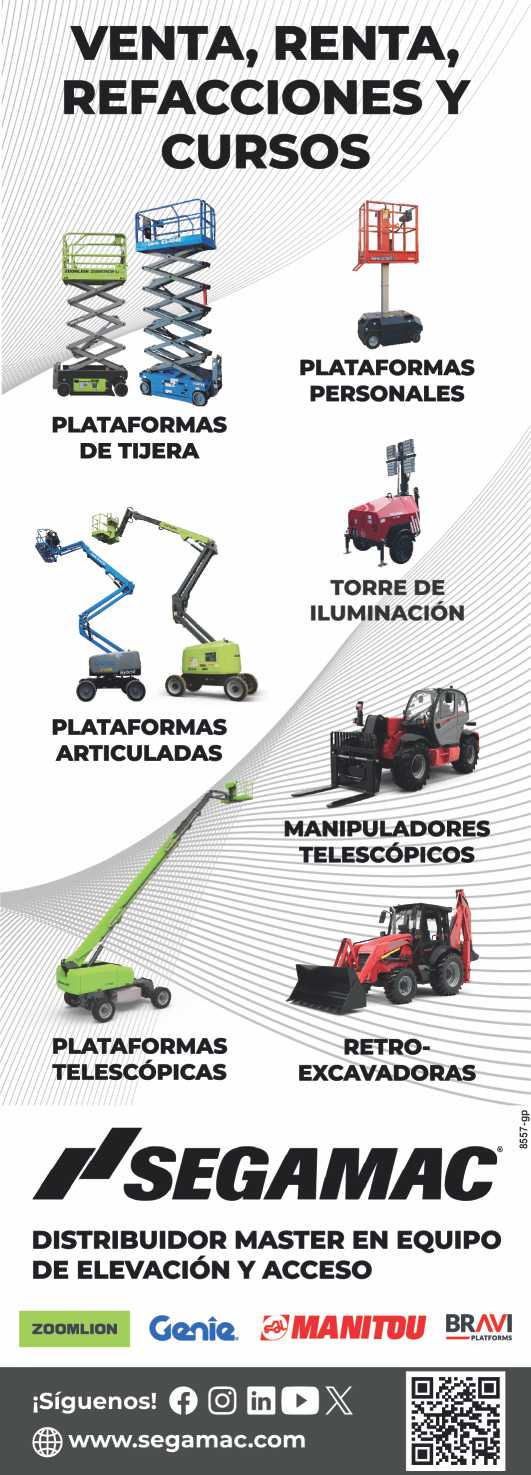 Plataformas de Tijera, Personales, Articuladas, Telescopicas. Torres de Iluminacion, Manipuladores Telescopicos, Retroexcavadoras. Zoomlion, Genie, Manitou, Bravi.Venta, Renta, Refacciones y Cursos.