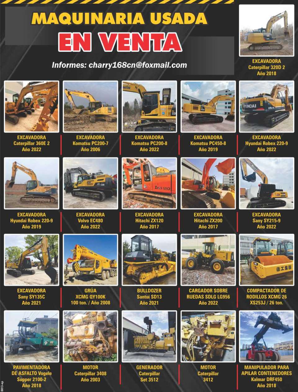 Maquinaria Pesada Usada en Venta: Excavadoras, Gruas, Bulldozer, Compactador de rodillos, Cargador sobre ruedas, Pavimentadora de asfalto, Motor Caterpillar, Generador, Manipulador