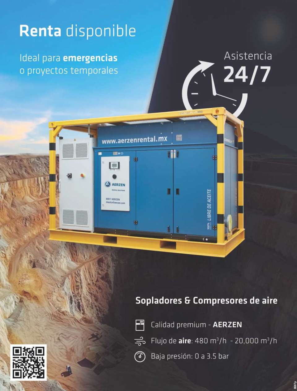 Alquiler temporal de Compresores y Sopladores de Aire. Flujo de Aire: 480m3/h-20,000 m3/h. Baja Presion: 0 a 3.5 bar. Asistencia 24/7, Calidad Premiun. Bajo nivel de ruido, Asesoramiento.