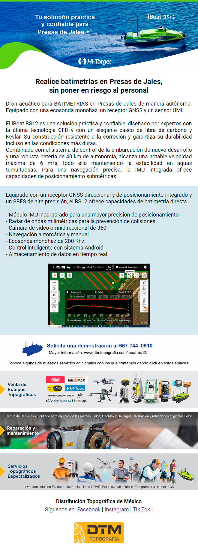 Realice batimetrias en Presas de Jales, sin poner en riesgo al personal. Dron acuatico para BATIMETRIAS en Presas de Jales de manera autonoma. Equipado con ecosonda, receptor GNSS y sensor UMI.